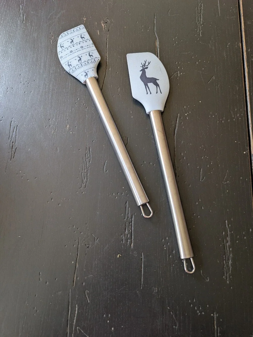 Pair of Winter Theme Nordic Holiday Spatulas Brushed Metal Handles Reindeer